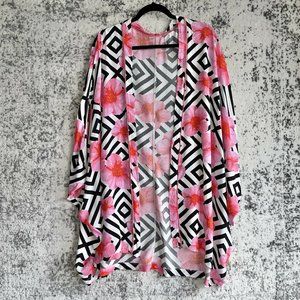 HUE Kimono Oversized Coverup Size L XL Top Pink Floral Black White Diamond Print